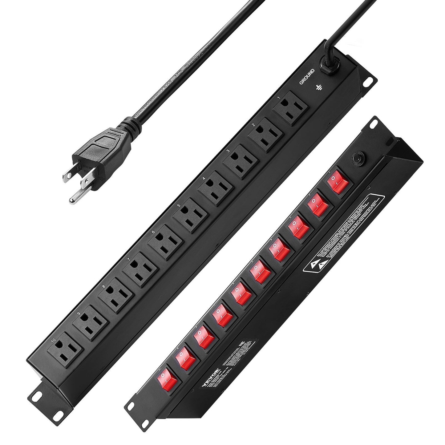 1U PDU, 10 Outlets, Rack Mount Power Strip Fits Standard 19" Server Racks, with Independent Switch Surge Protection & Overload Protection, 110-125V/15A, Ideal for Home and Office