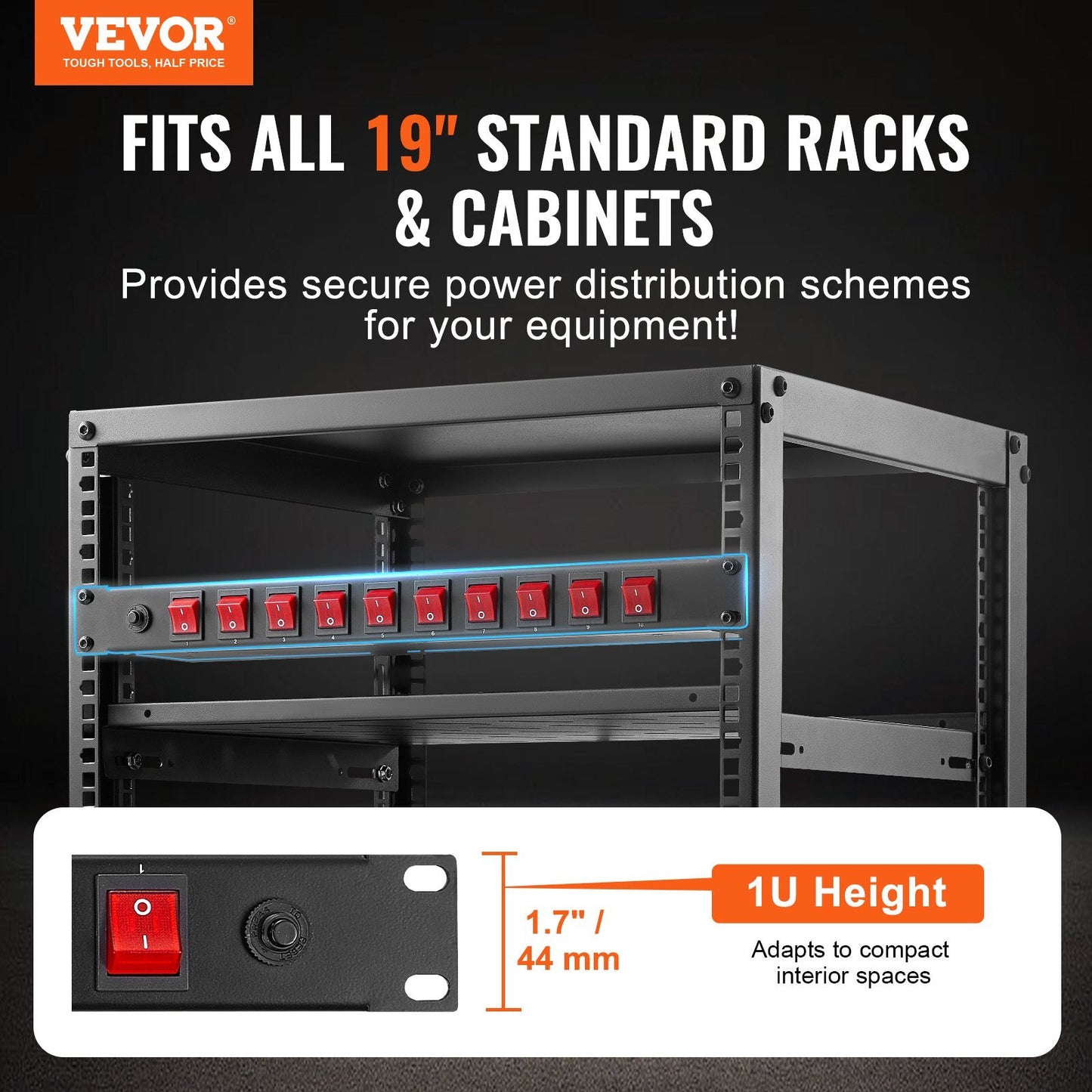 1U PDU, 10 Outlets, Rack Mount Power Strip Fits Standard 19" Server Racks, with Independent Switch Surge Protection & Overload Protection, 110-125V/15A, Ideal for Home and Office