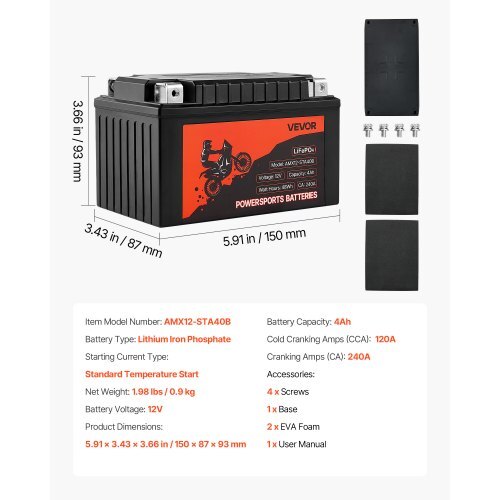 Motorcycle Battery, 12 Volt 4Ah, LiFePO4 Lithium Pre-Charged Powersports Battery, Maintenance Free & High Performance, Compatible with ATV, Motorcycle, Jet Skis, Scooter, UTV, and More