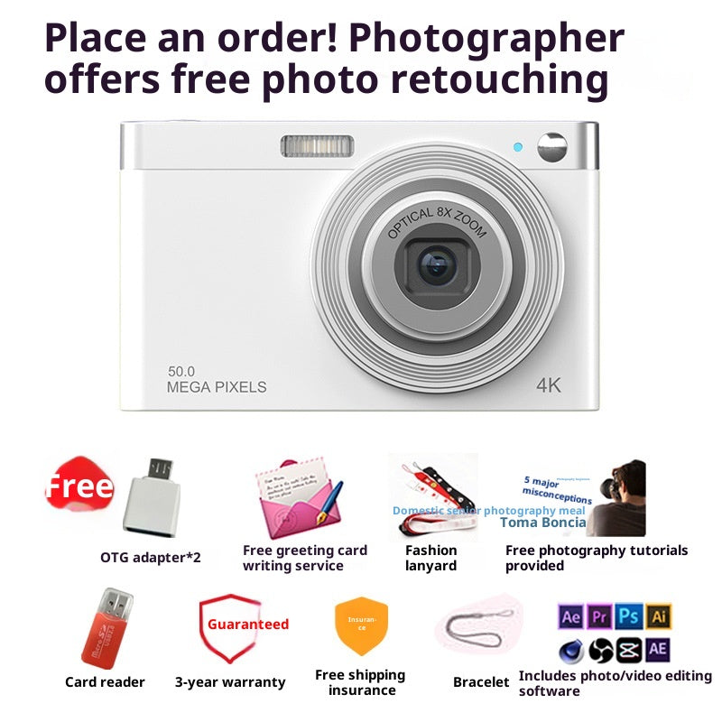 Body Color: Space White, Capacity: 64G - Student Digital Camera Entry-level CCD HD Beauty Campus Retro