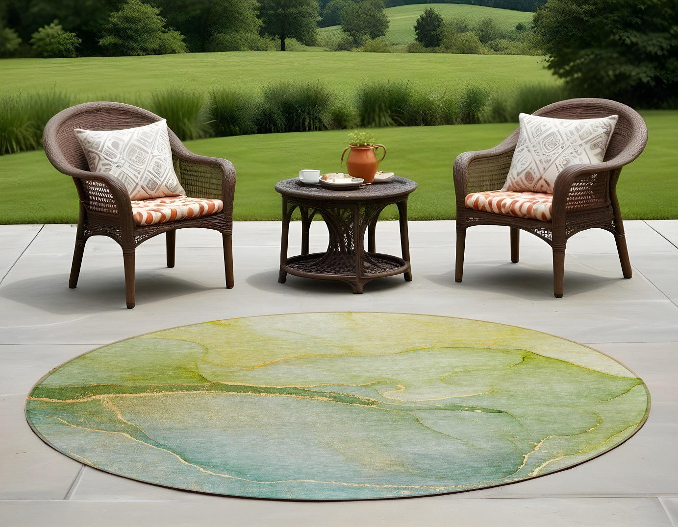 8' Round Green Round Abstract Washable Non Skid Indoor Outdoor Area Rug