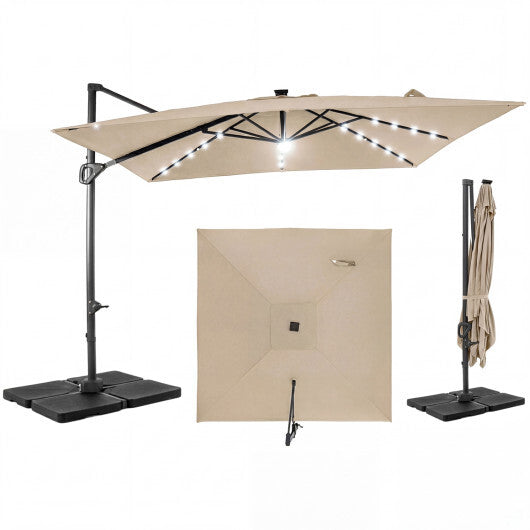 10 FT Cantilever Patio Umbrella with 32 Solar LED Lights and 220 LBS Base-Beige