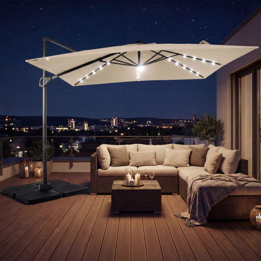 10 FT Cantilever Patio Umbrella with 32 Solar LED Lights and 220 LBS Base-Beige