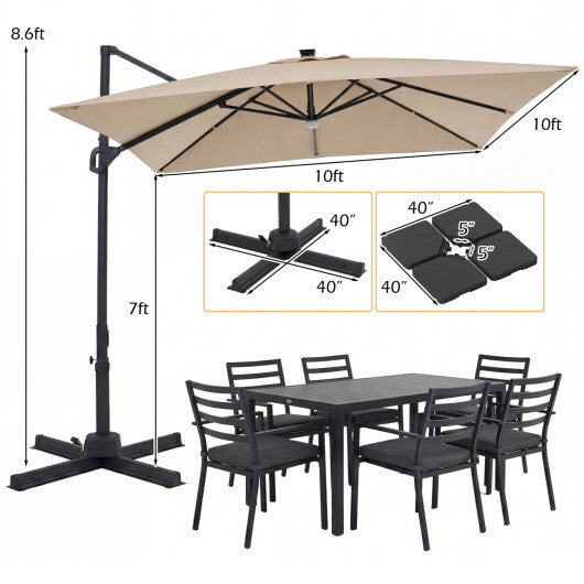 10 FT Cantilever Patio Umbrella with 32 Solar LED Lights and 220 LBS Base-Beige