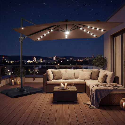 10 FT Cantilever Patio Umbrella with 32 Solar LED Lights and 220 LBS Base-Beige