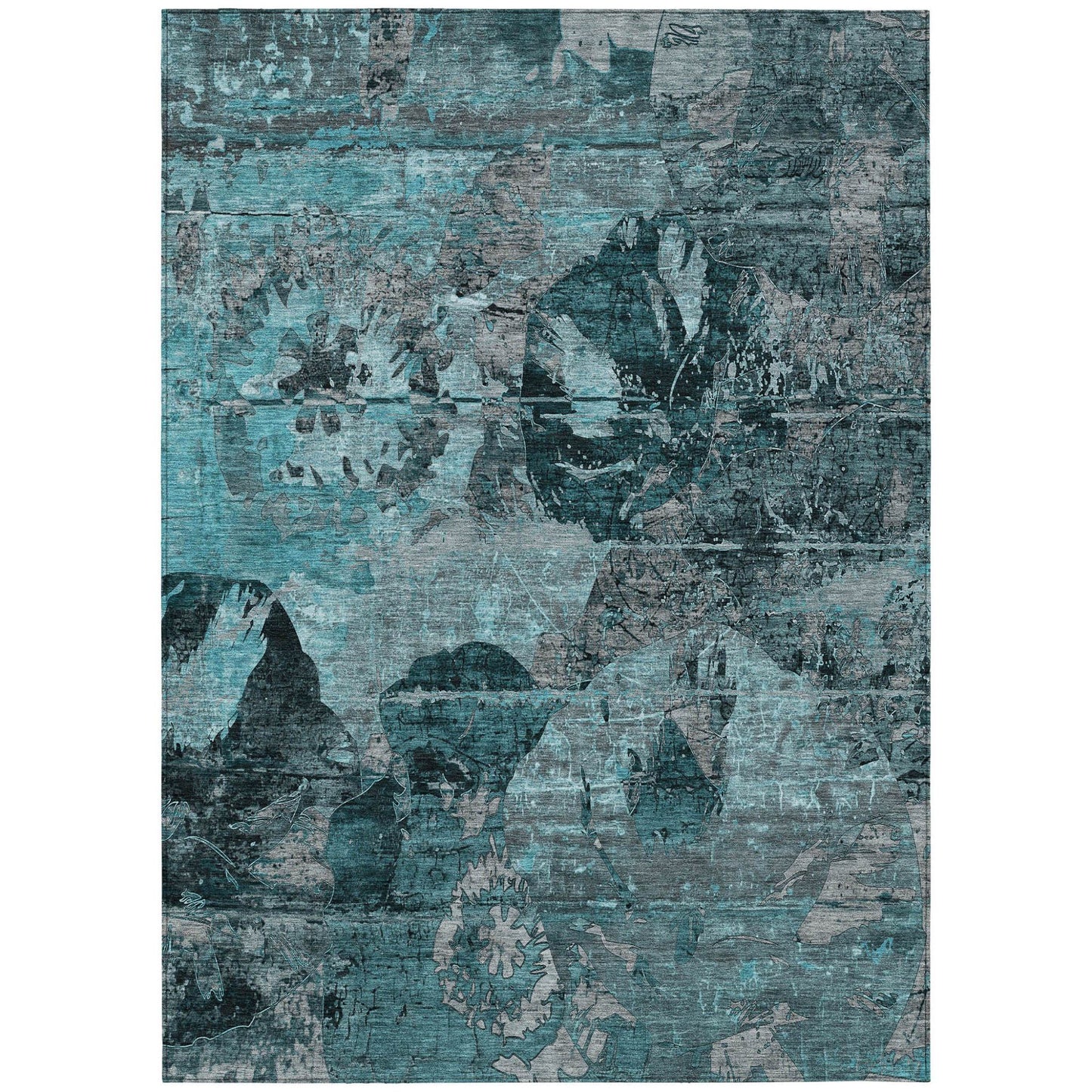 3' X 5' Teal and Gray Floral Washable Non Skid Indoor Outdoor Area Rug