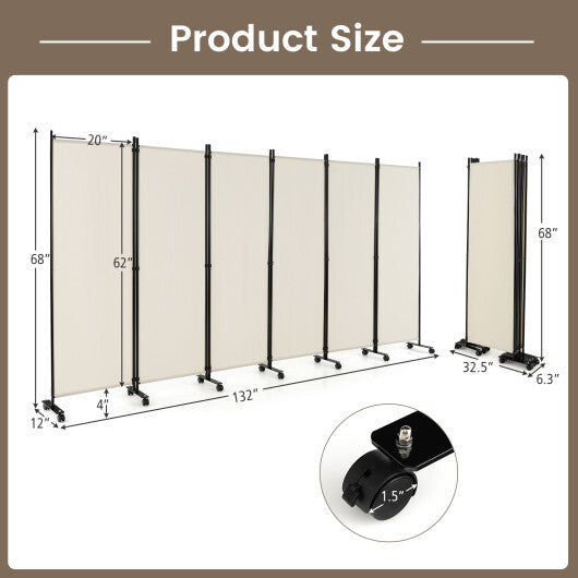 Costway 6 Panel 5.7 Feet Tall Rolling Room Divider on Wheels-White