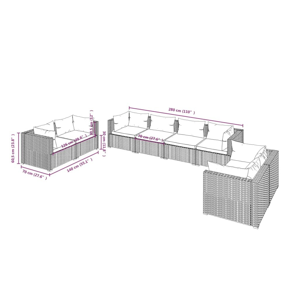 8 Piece Patio Lounge Set with Cushions Poly Rattan Brown