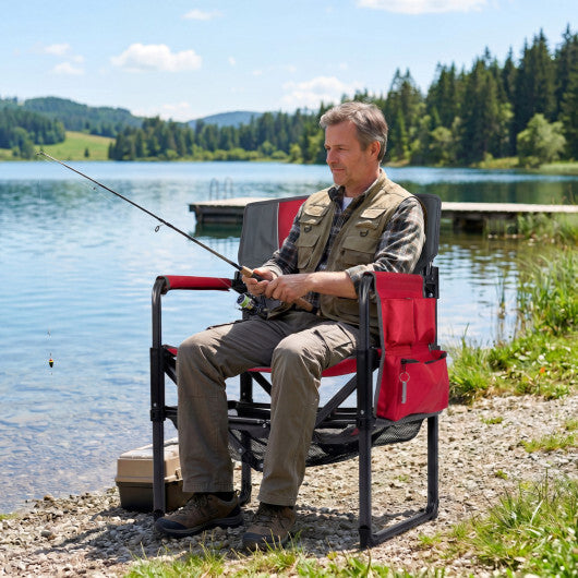 Heavy Duty Outdoor Camping Chair with Cup Holder and Side Pocket-Red