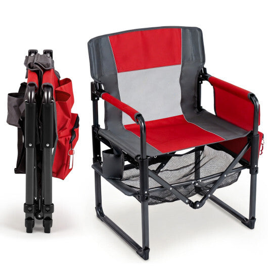 Heavy Duty Outdoor Camping Chair with Cup Holder and Side Pocket-Red