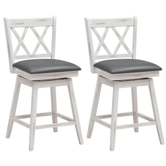 Costway 2 Pieces 24 Inch Swivel Counter Height Barstool Set with Rubber Wood Legs-White - Color: White - Size: 24 inches