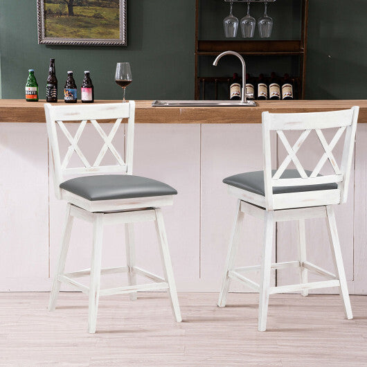 Costway 2 Pieces 24 Inch Swivel Counter Height Barstool Set with Rubber Wood Legs-White - Color: White - Size: 24 inches