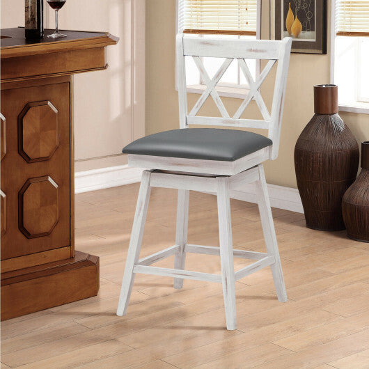 Costway 2 Pieces 24 Inch Swivel Counter Height Barstool Set with Rubber Wood Legs-White - Color: White - Size: 24 inches