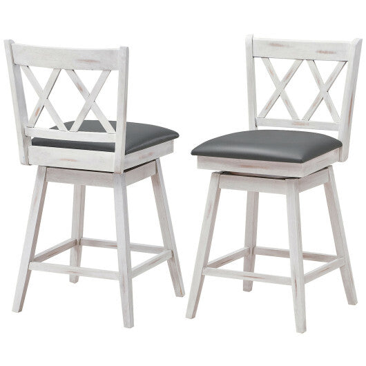 Costway 2 Pieces 24 Inch Swivel Counter Height Barstool Set with Rubber Wood Legs-White - Color: White - Size: 24 inches