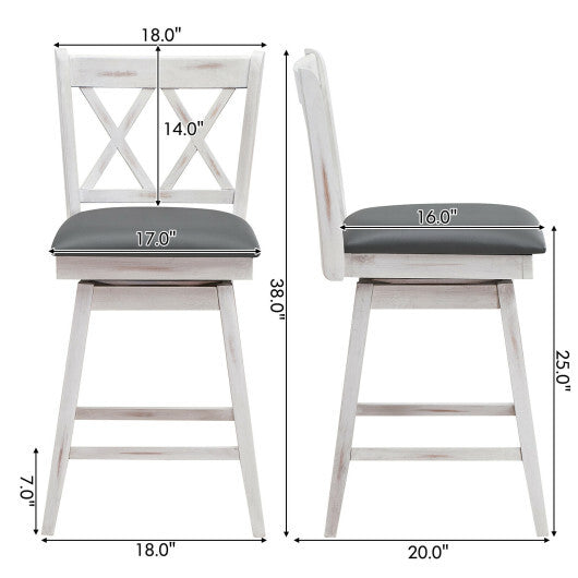 Costway 2 Pieces 24 Inch Swivel Counter Height Barstool Set with Rubber Wood Legs-White - Color: White - Size: 24 inches