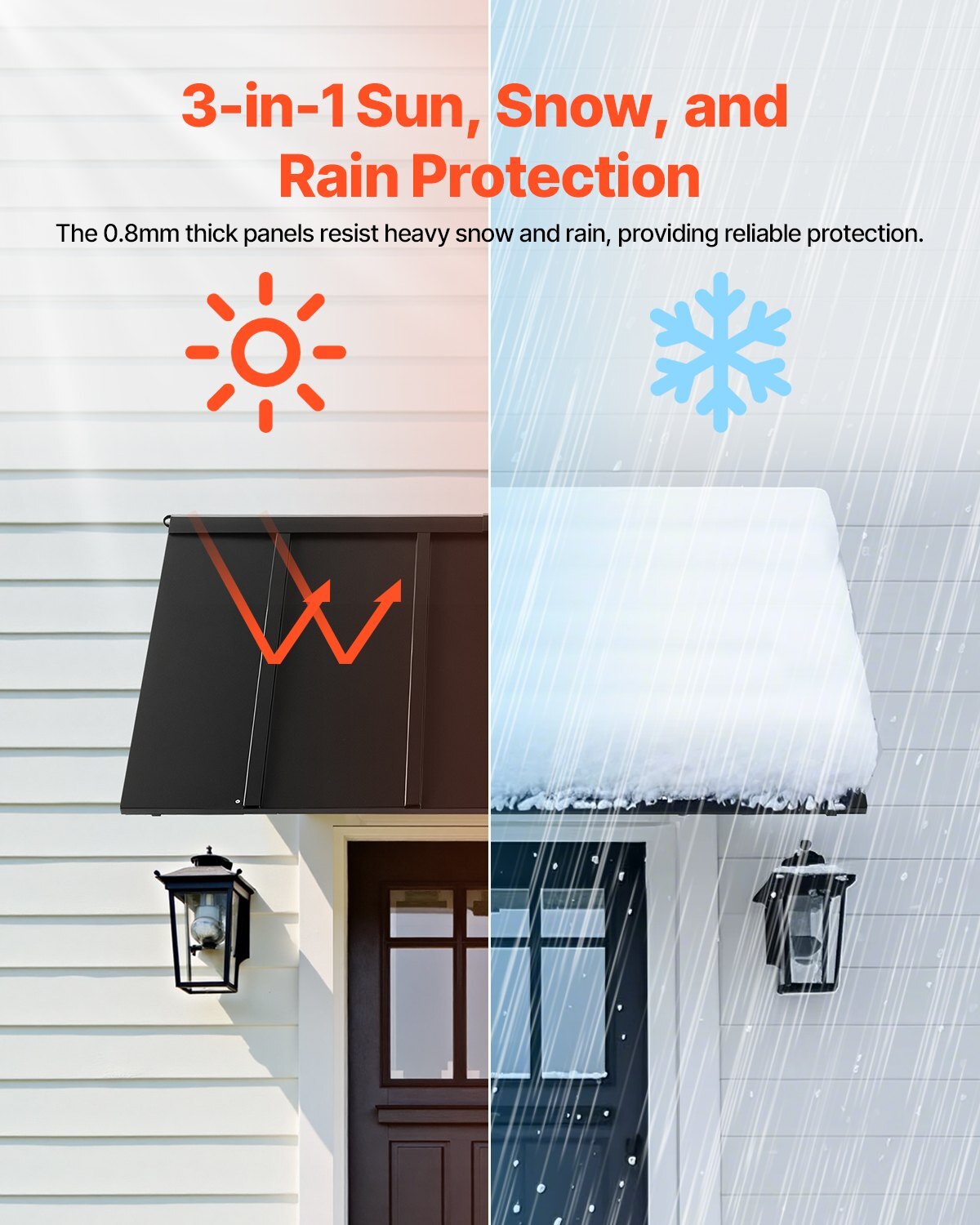 Fixed metal awning for windows and doors, steel frame, 56x24 inches, weather-resistant exterior rain and sun protection.