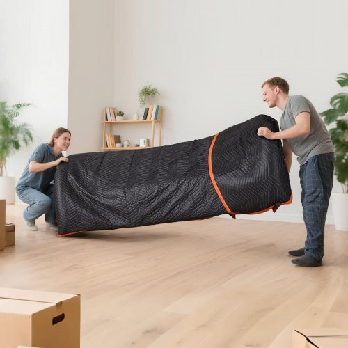 Six large American Smart moving blankets, 72x40 inches, with cotton filling, heavy-duty padded blankets for furniture protection and shipping.