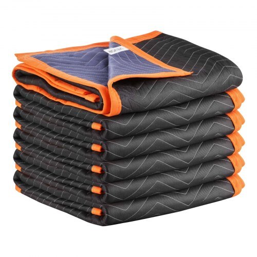 Six large American Smart moving blankets, 72x40 inches, padded with cotton filling, heavy-duty nonwoven fabric for furniture protection.