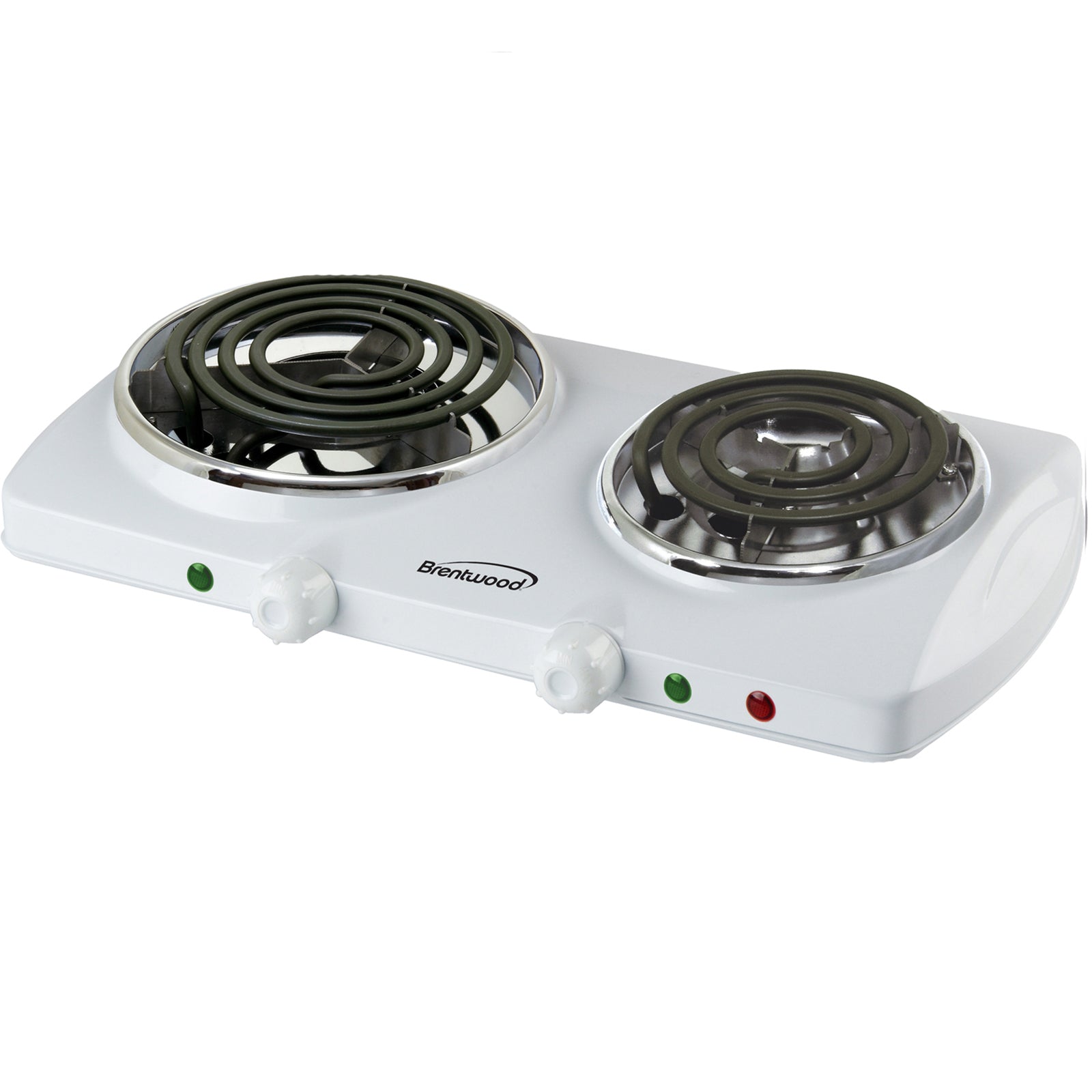American Smart Brentwood 1500W double burner electric stove with white spiral coil, compact kitchen appliance for cooking.