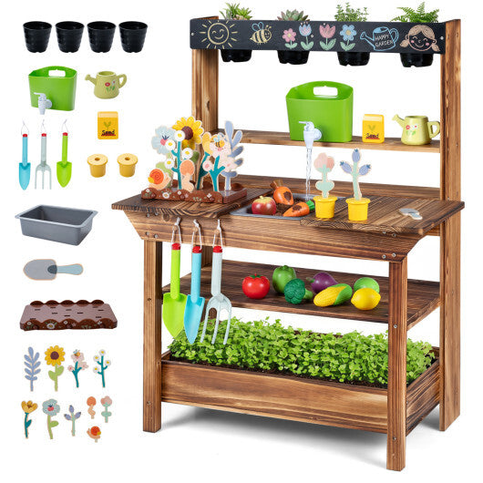 Outdoor wood mud kitchen for kids with water faucet and planter, brown pretend toy by American Smart - WB for ages 3+