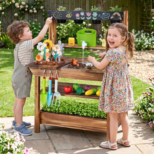 Brown outdoor wood mud kitchen for kids with water faucet and planter, pretend toy play set by American Smart WB for ages 3+