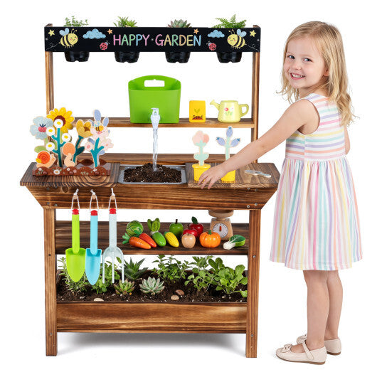 Brown outdoor wood mud kitchen with water faucet and planter, pretend toy for kids aged 3+ by American Smart WB