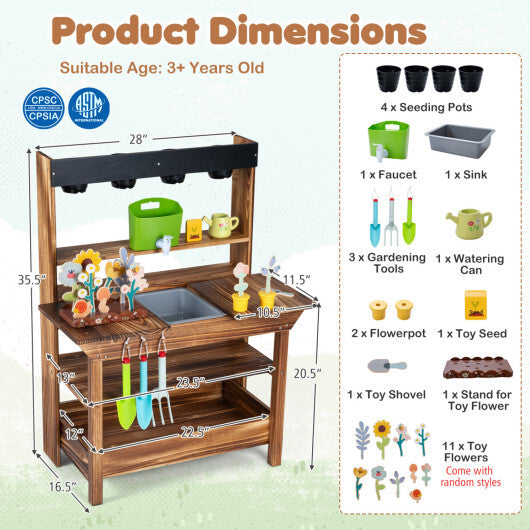 Brown outdoor wood mud kitchen for kids with water faucet and planter, pretend toy by American Smart for ages 3 and up.