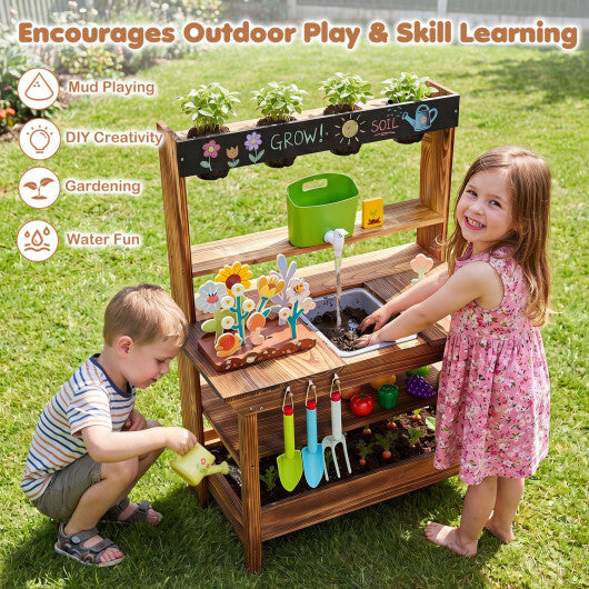 Brown outdoor wood mud kitchen for kids with water faucet and planter, ages 3+, pretend toy by American Smart WB.