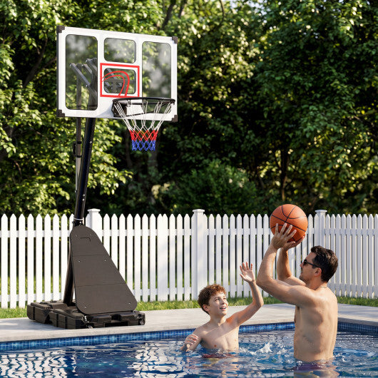 American Smart portable basketball hoop, 4.9-10 feet adjustable height with fillable base and ball storage, suitable for outdoor sports.