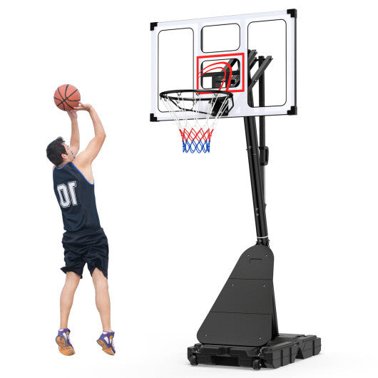 American Smart WB portable basketball hoop, 4.9-10 feet adjustable height with fillable base and built-in ball storage.