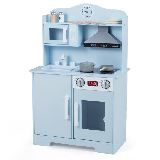 Blue wooden play kitchen for kids by American Smart, featuring a range hood and microwave, part of pretend play kitchen set.