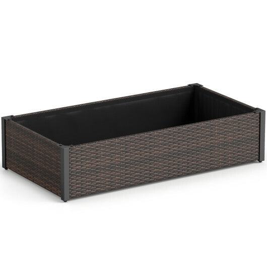 Brown PE rattan raised garden bed with open-ended base, outdoor garden planter by American Smart WB.