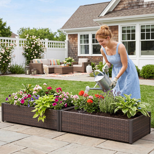 Brown PE rattan raised garden bed with open-ended base, outdoor garden bed by American Smart, suitable for elevated planting.