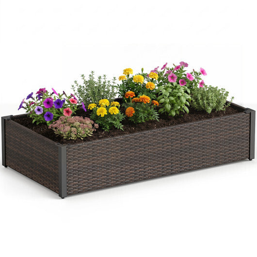Brown PE rattan elevated garden bed with open-ended base, ideal for outdoor raised gardening, by American Smart.