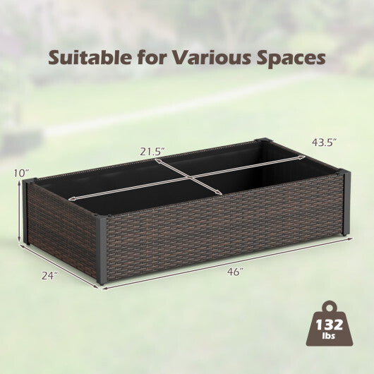 Brown PE rattan elevated raised garden bed with open-ended base, ideal for outdoor gardening, by American Smart WB.