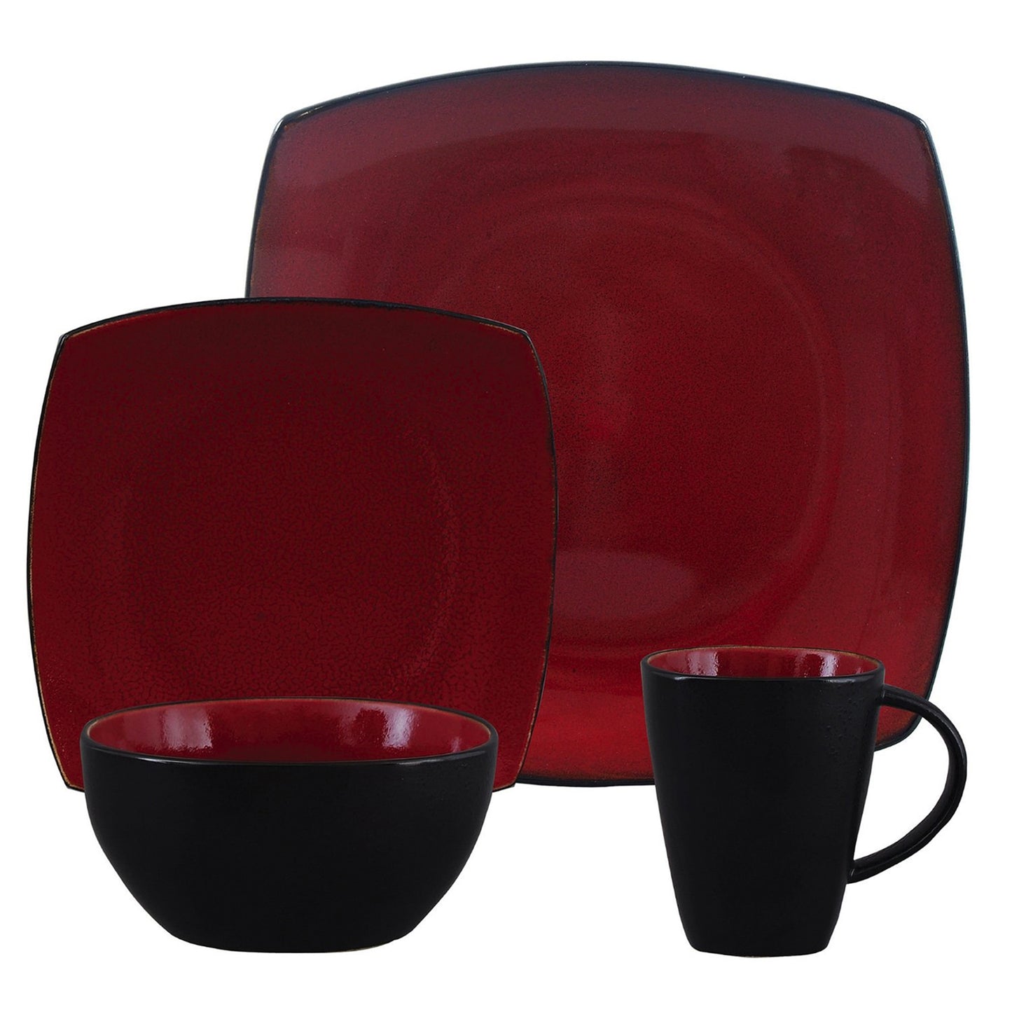 Gibson Soho Lounge 16-piece square stoneware dinnerware set in red and black, includes plates, bowls, and mugs for stylish tableware.