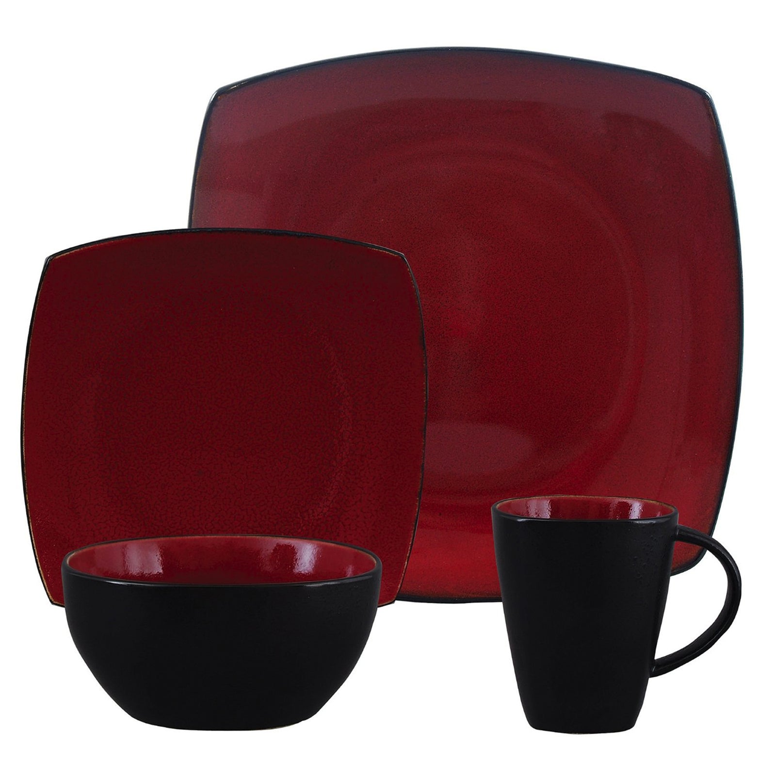 Gibson Soho Lounge 16-piece square stoneware dinnerware set in red and black, includes plates, bowls, and mugs for stylish tableware.