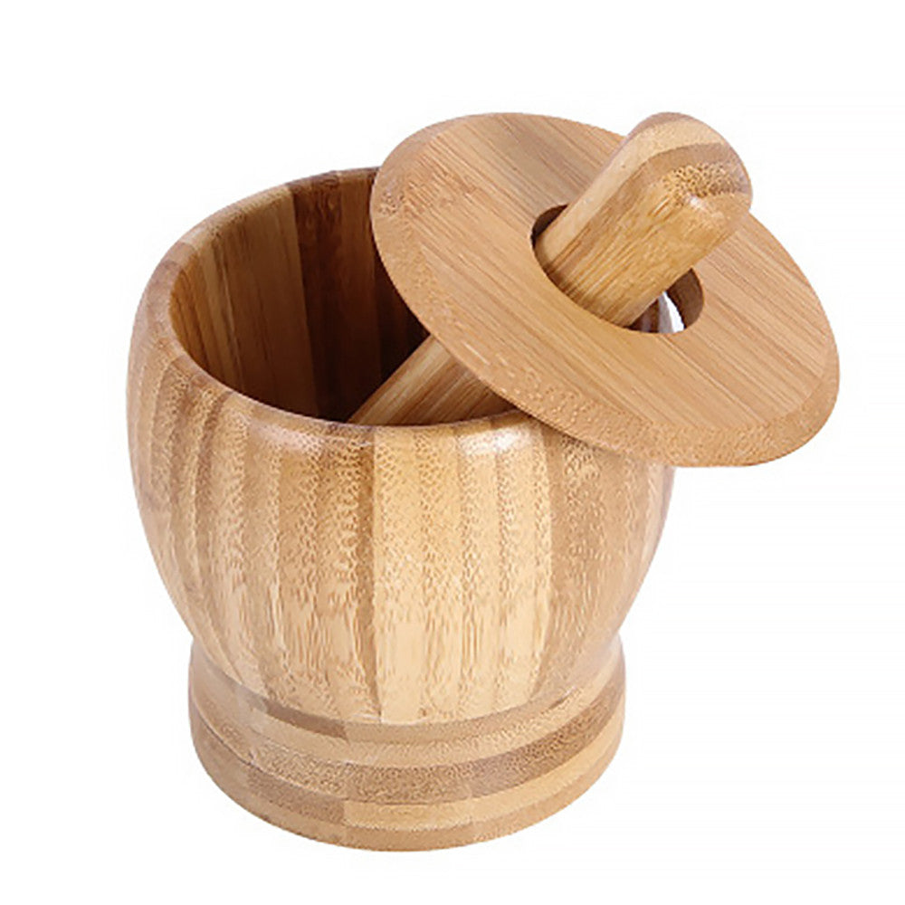 Color: Large with lid - Bamboo Bowl Garlic Press Grinder Crusher for Guacamole Kitchen Pepper Garlic Pressing Bowl Convenient