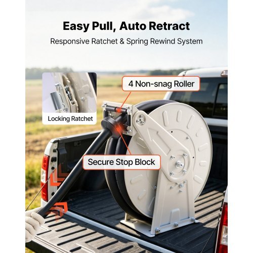 Fuel Hose Reel, 1 inch x 33 ft Retractable, Spring Driven Auto Swivel Rewind, 300 PSI, Heavy-Duty Carbon Steel Construction with Industrial Grade Rubber Hose, for Diesel Fuel, Kerosene