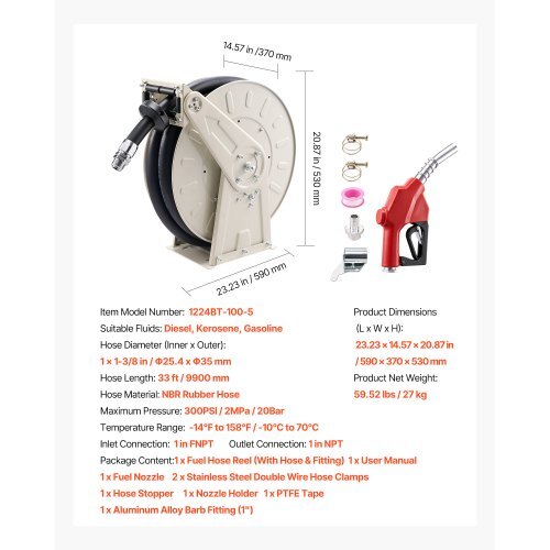 Fuel Hose Reel, 1 inch x 33 ft Retractable, Spring Driven Auto Swivel Rewind, 300 PSI, Heavy-Duty Carbon Steel Construction with Industrial Grade Rubber Hose, for Diesel Fuel, Kerosene