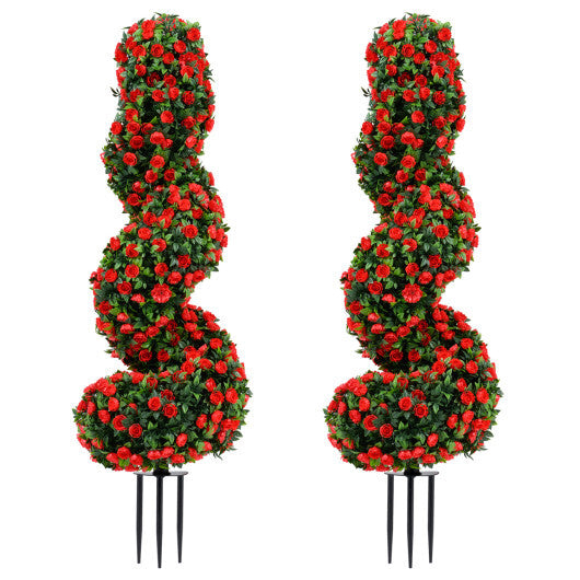 Set of 2 Artificial Spiral Topiary Trees with Sun Protection and Ground Spikes-Red - Color: Red