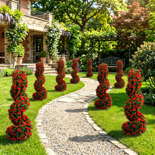 Set of 2 Artificial Spiral Topiary Trees with Sun Protection and Ground Spikes-Red - Color: Red