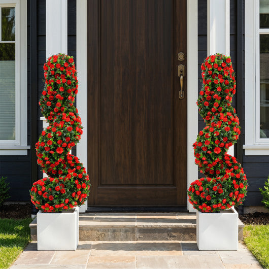 Set of 2 Artificial Spiral Topiary Trees with Sun Protection and Ground Spikes-Red - Color: Red