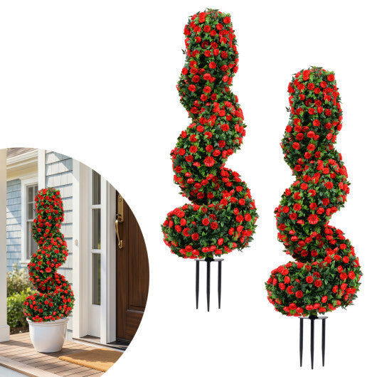 Set of 2 Artificial Spiral Topiary Trees with Sun Protection and Ground Spikes-Red - Color: Red