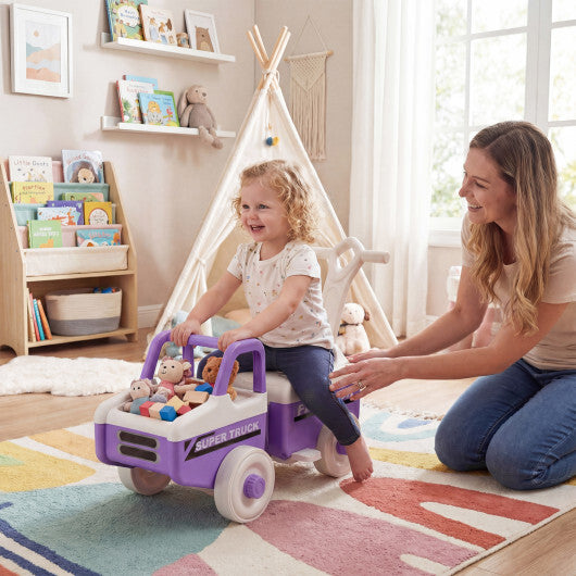 Costway 4 in 1 Ride on Push Car with Music and Under-Seat Storage for Boys Girls-Purple - Color: Purple