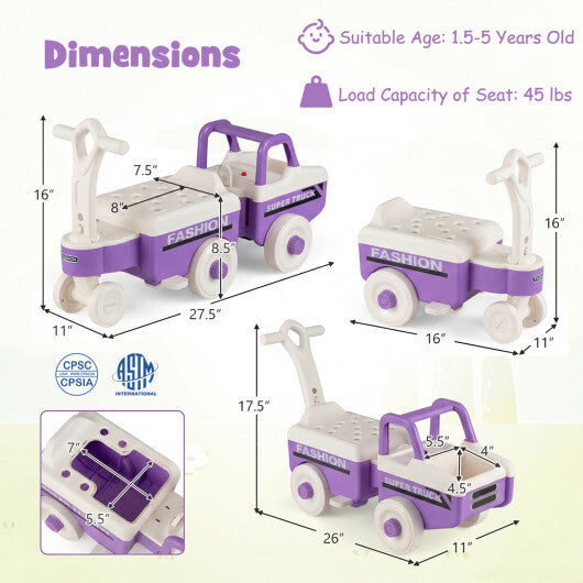 Costway 4 in 1 Ride on Push Car with Music and Under-Seat Storage for Boys Girls-Purple - Color: Purple