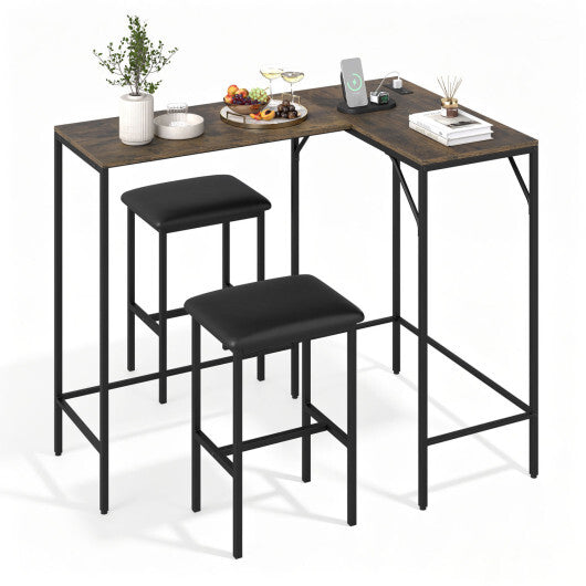 3-Piece Convertible L-Shaped Kitchen Table Chair Set with 2 AC Outlets  USB Port and Type-C Port-Rustic Brown - Color: Rustic Brown