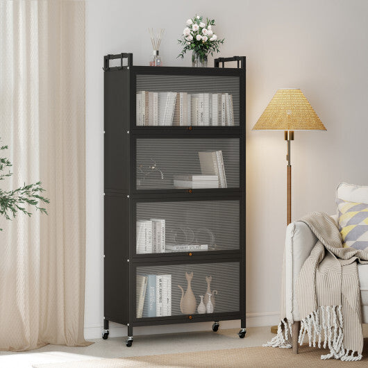 5-Tier Kitchen Storage Cabinet with 4 Flip-up PC Doors Adjustable Feet and Rolling Wheels-White