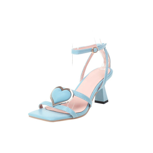 Color: Blue, Size: 37 - Foreign Trade Cross-Border Heart-Shaped Decorative Square-Toe Buckle Sandals
