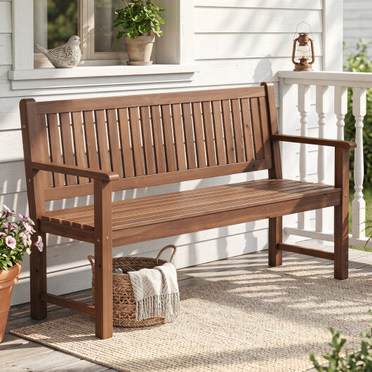 3-Seater Outdoor Wooden Bench 59 inch Large Garden Bench with Backrest-Brown - Color: Brown